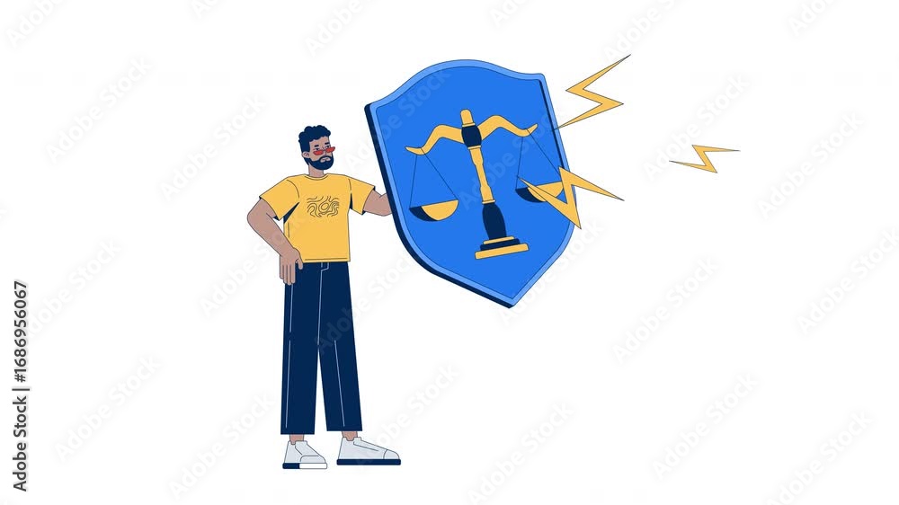 Black man holding legal shield with justice symbol and lightning bolts