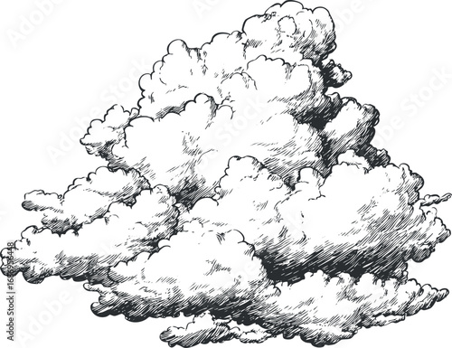Hand drawn black and white illustration of a large fluffy cumulus cloud with detailed shading