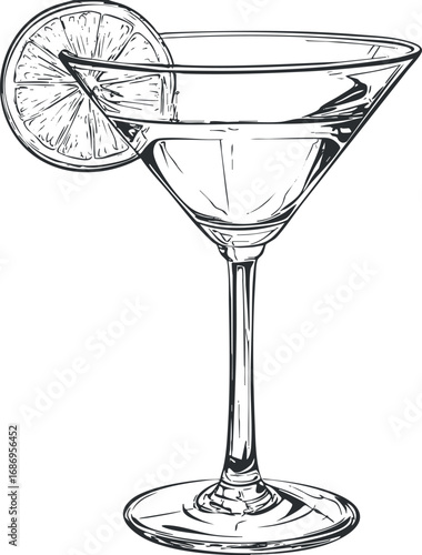 Hand drawn black and white illustration of a martini cocktail glass with a lemon slice garnish