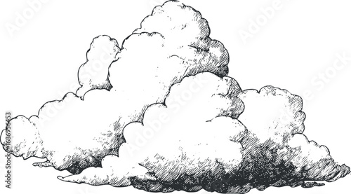 Hand-drawn black and white sketch of fluffy cumulus clouds representing sky and weather conditions