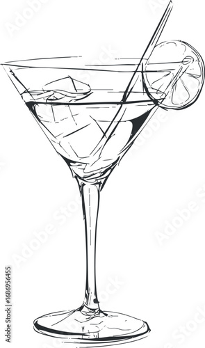 Hand-drawn sketch of a martini cocktail glass with lemon slice and straw on white background