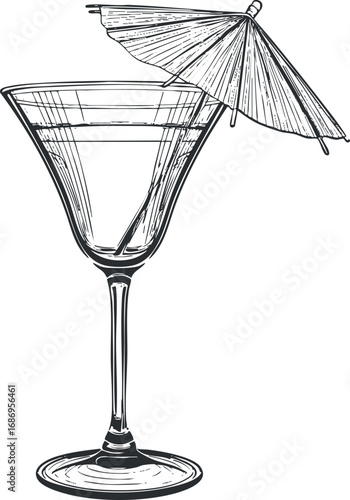 Black and white sketch illustration of a cocktail martini glass with a decorative umbrella on white background