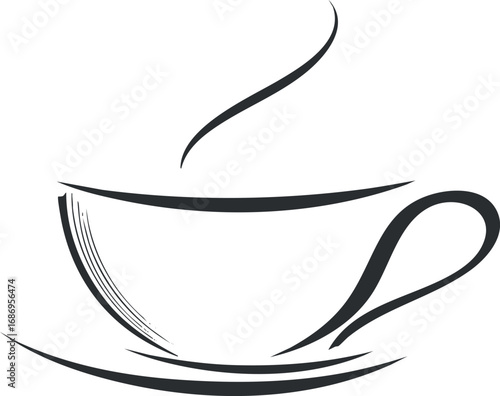Black and white minimalist line illustration of a steaming hot coffee cup on a saucer