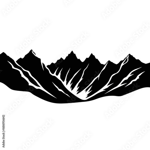 Jagged mountain range silhouette isolated on white background