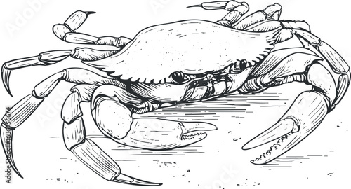 Black and white detailed line drawing of a crab with claws and shell on a flat surface