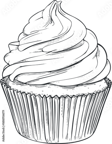 Detailed black and white sketch of a cupcake with swirled frosting and a textured cupcake liner
