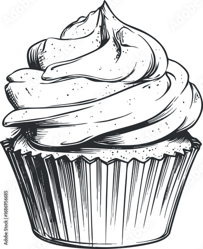 Black and white illustration of a cupcake with detailed frosting and paper cup wrapper