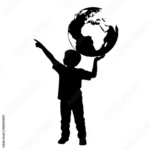 Child holding the earth silhouette isolated on white background