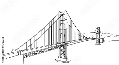 Simple one-line drawing of the iconic Golden Gate Bridge in San Francisco, California. A famous suspension bridge and symbol of American engineering.