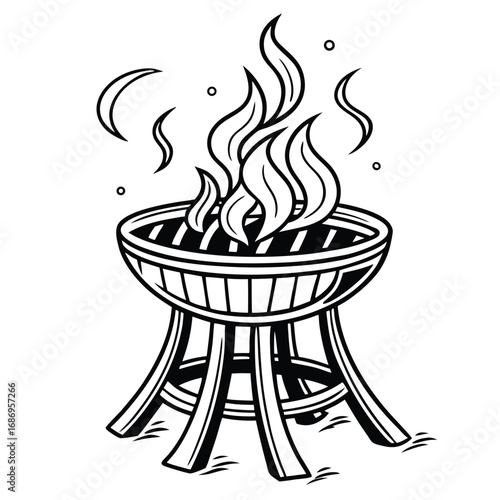 Monochrome Illustration of a Charcoal Grill with Flames for Outdoor Cooking and Summer Gatherings or Barbecue Events
