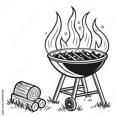Monochrome Illustration of a Charcoal Grill with Flames for Outdoor Cooking and Summer Gatherings or Barbecue Events
