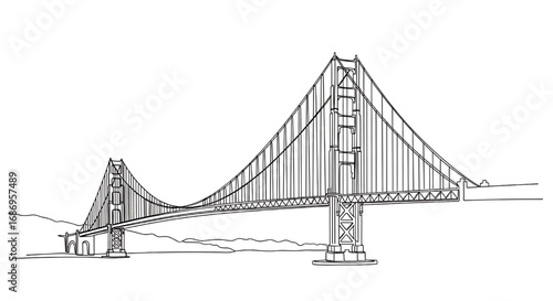 Continuous line art of the majestic Golden Gate Bridge in San Francisco, USA. A world-renowned symbol of California and engineering marvel.