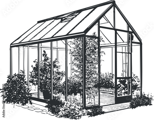 Black and white illustration of a glass greenhouse filled with plants and shrubs for gardening and horticulture