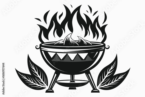 Monochrome Illustration of a Charcoal Grill with Flames for Outdoor Cooking and Summer Gatherings or Barbecue Events