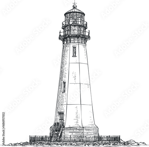 Black and white vintage illustration of a lighthouse tower standing on rocky shore with detailed architectural features.