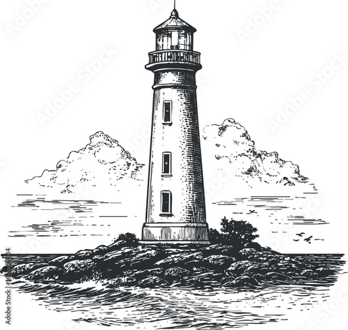 Black and white vintage illustration of a lighthouse standing on rocky coast with sea and clouds in the background