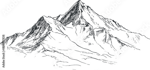 Black and white hand-drawn sketch of a mountain range with rugged peaks and steep cliffs