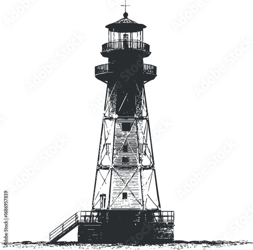 Black and white illustration of a tall metal lighthouse tower guiding maritime navigation on the coast
