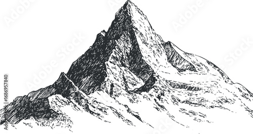 Detailed black and white illustration of a steep mountain peak with rugged rock formations and sharp ridges