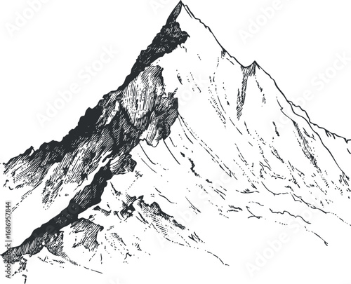 Black and white sketch illustration of a rocky mountain peak with detailed ridges and steep slopes