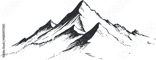 Black and white sketch illustration of a mountain range with sharp peaks and rugged terrain