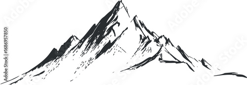 Black and white sketch of a mountain peak with rugged cliffs and natural landscape