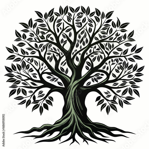 Majestic Silhouette Awe Inspiring Tree with Deep Roots and Lush Foliage Symbolizing Strength Growth and Interconnectedness in Natural World