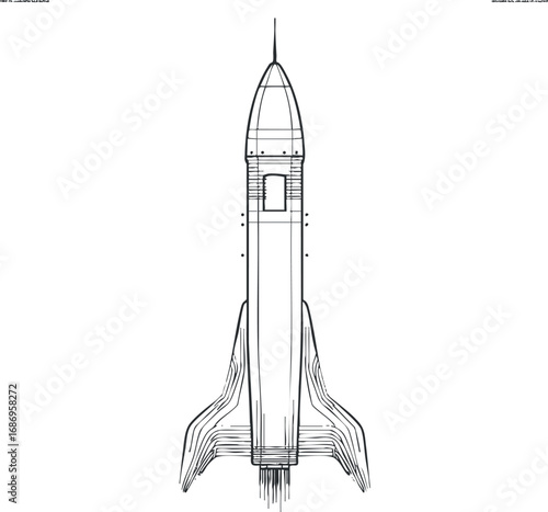 Black and white line drawing of a rocket launching vertically representing space exploration technology and aerospace engineering.