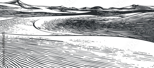 Black and white illustration of vast desert sand dunes with natural patterns and distant hills