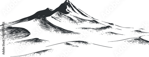 Black and white hand drawn illustration of a mountain peak with surrounding hills and ridges