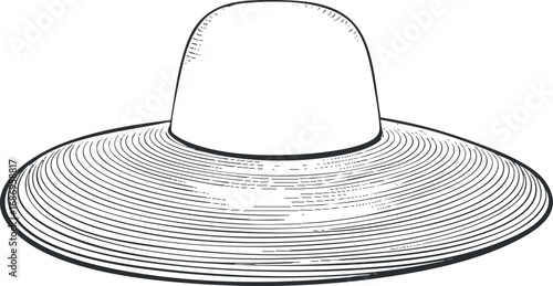 Black and white illustration of a wide brim hat designed for sun protection and fashion accessory.