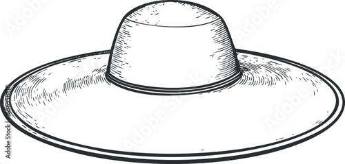 Black and white line art illustration of a wide brim hat for sun protection and fashion accessory