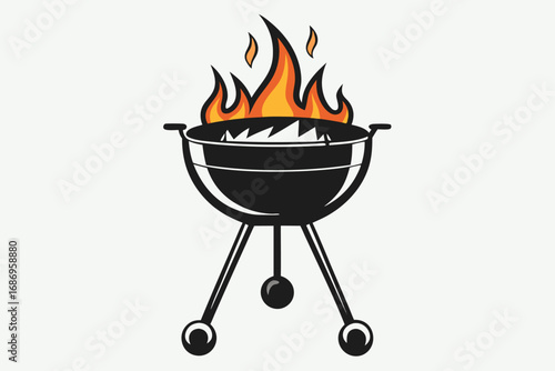 Monochrome Illustration of a Classic Charcoal Grill with Lid Open, Smoke Rising from the Coals, Ready for a Barbecue