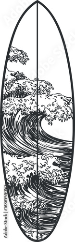 Black and white surfboard design featuring stylized ocean waves with foam and curl details