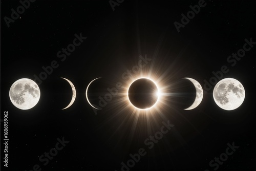 Phases of the Moon During Solar Eclipse in Dark Sky Background