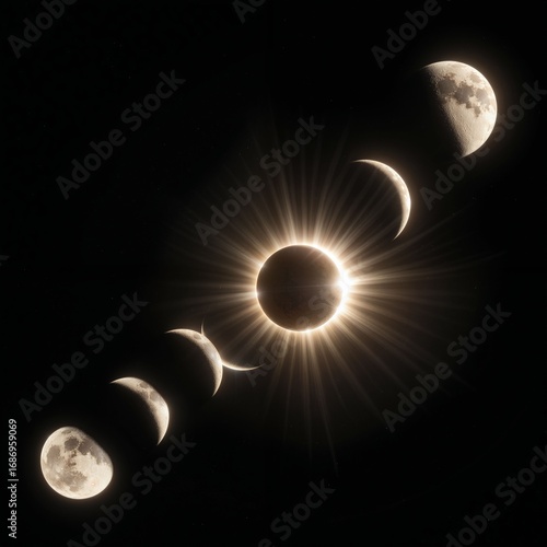 Stunning Sequence of Lunar Phases and Solar Eclipse Against Dark Sky