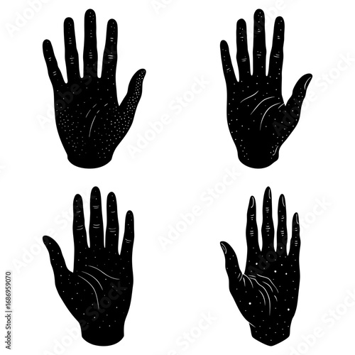 Four black hand silhouettes with celestial star patterns on a white background in a vector format