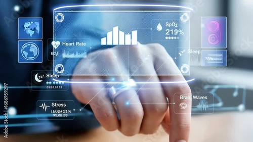 Close-up hand with smart ring interacting with futuristic holographic health monitoring interface, showcasing real-time data on heart rate, oxygen levels, stress metrics in sleek digital environment