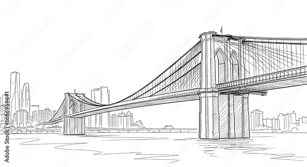 Fototapeta premium Artistic single line drawing of the Brooklyn Bridge in New York City. An iconic hybrid cable-stayed/suspension bridge and a NYC landmark.