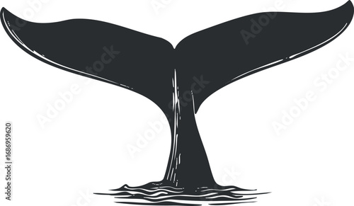 Black silhouette illustration of a whale tail emerging from the ocean water surface