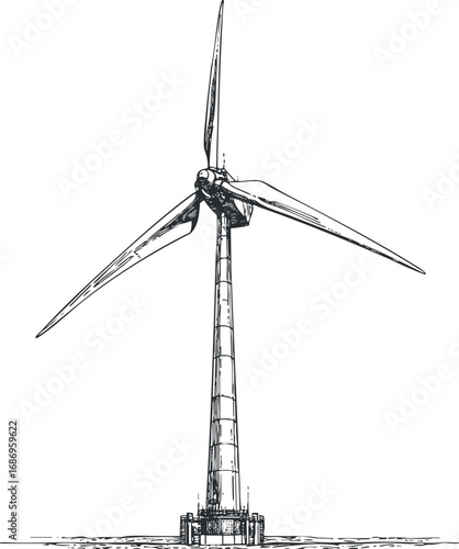 Detailed black and white sketch of a tall wind turbine generating renewable energy outdoors