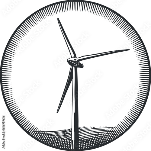 Black and white illustration of a wind turbine generating renewable energy in a circular design