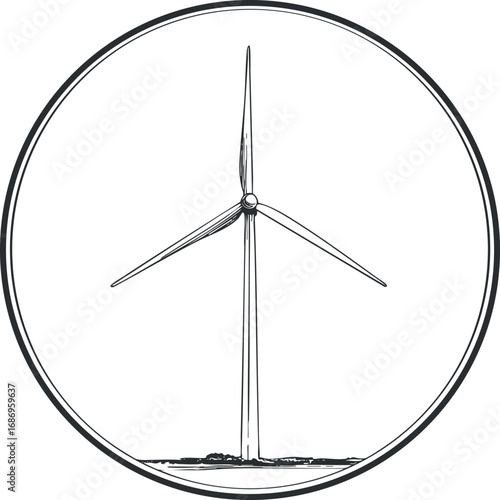 Illustration of a single wind turbine with three blades inside a circular frame on white background symbolizing renewable energy