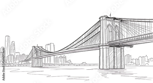 Artistic single line drawing of the Brooklyn Bridge in New York City. An iconic hybrid cable-stayed/suspension bridge and a NYC landmark.