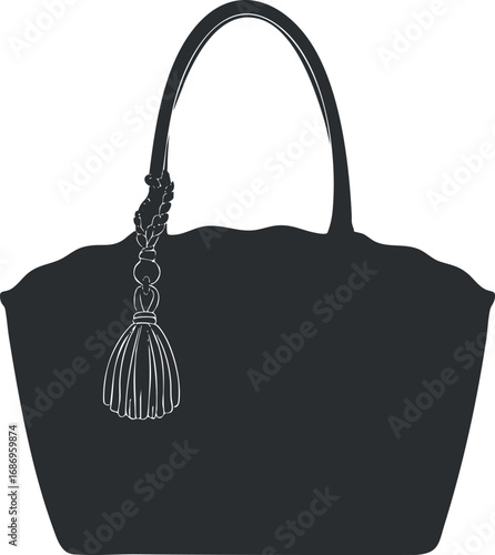 Black silhouette of a fashionable tote handbag with a single handle and tassel accessory