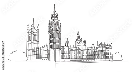 Continuous line drawing of the Palace of Westminster with the Big Ben clock tower, a famous London landmark and a symbol of the United Kingdom.