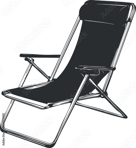 Black and white illustration of a folding lounge chair with armrests and headrest for outdoor relaxation