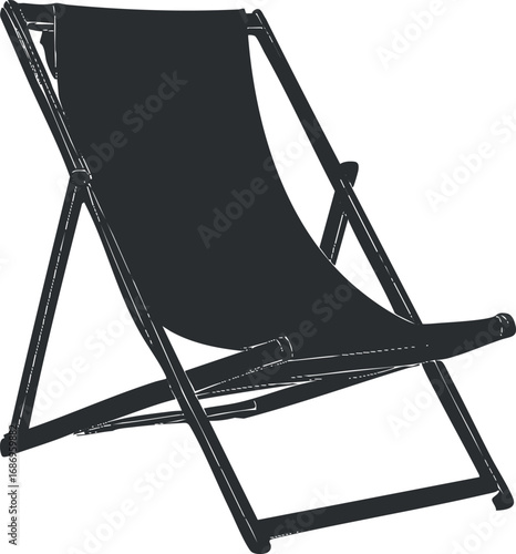 Black silhouette of a classic folding deckchair with canvas seat for outdoor relaxation and sunbathing.