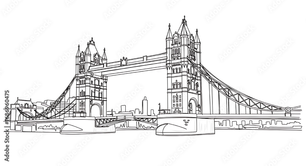 Obraz premium Minimalist one-line art illustration of the iconic Tower Bridge in London, England. A world-famous combined bascule and suspension bridge.