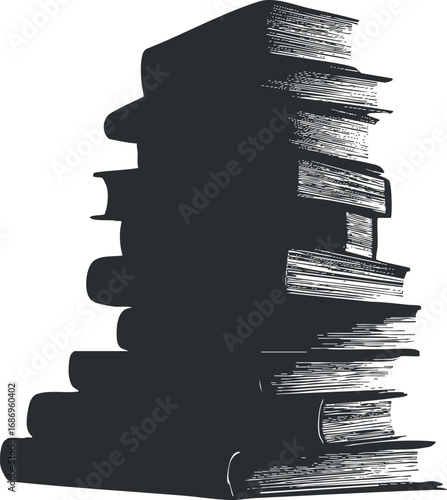 Black and white silhouette of a tall stack of books piled unevenly for reading or study